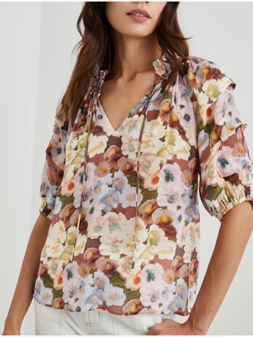 Rails Paris Painted Floral Ruffle Sleeve Blouse‎ Size M
